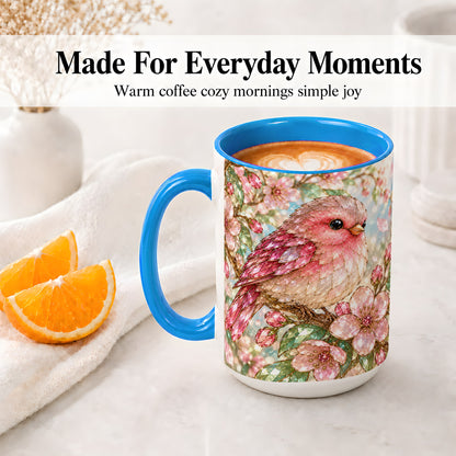 #pl[15oz|Blue] Pink Bird Blossom Ceramic Mug, Faceted Floral Artwork for Bird Lovers