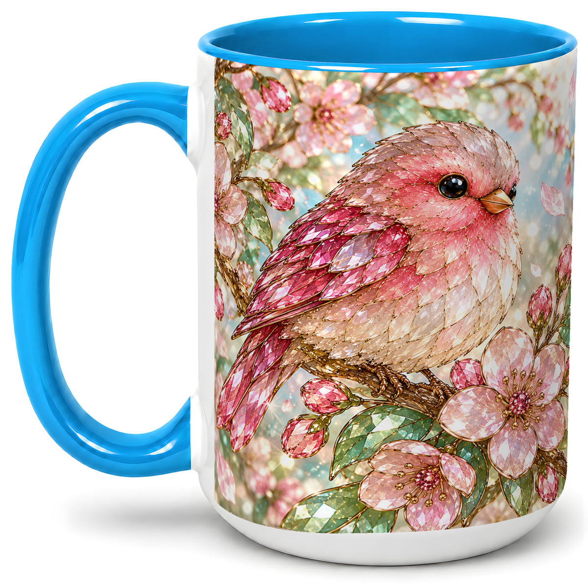 #pl[15oz|Blue] Pink Bird Blossom Ceramic Mug, Faceted Floral Artwork for Bird Lovers