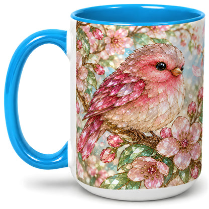 #pl[15oz|Blue] Pink Bird Blossom Ceramic Mug, Faceted Floral Artwork for Bird Lovers