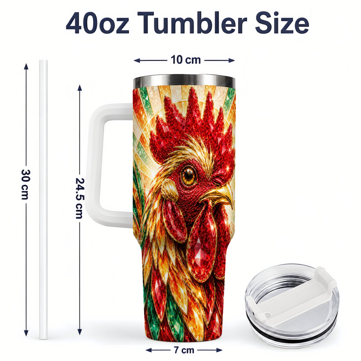 #pl[40oz|White] Colorful Faceted Rooster 40oz Tumbler, Large Drinkware for Farm Fans