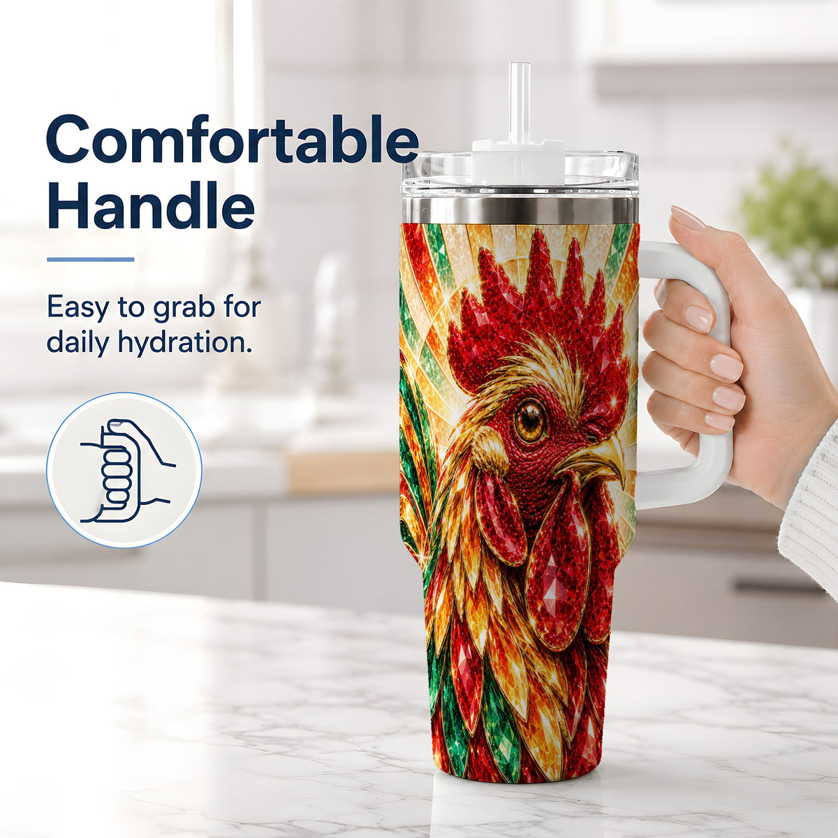 #pl[40oz|White] Colorful Faceted Rooster 40oz Tumbler, Large Drinkware for Farm Fans