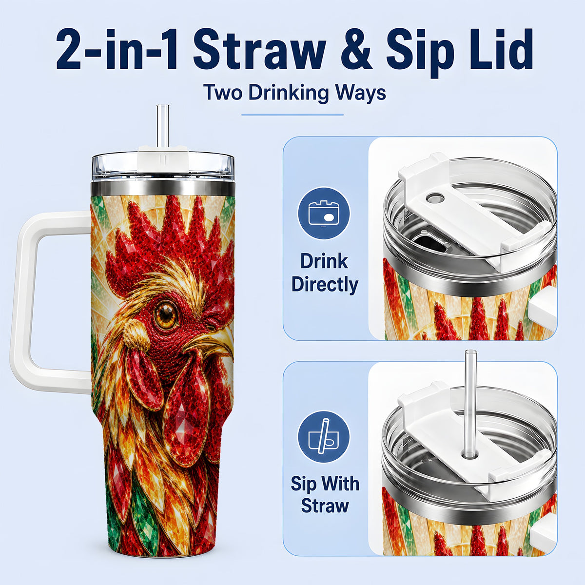 #pl[40oz|White] Colorful Faceted Rooster 40oz Tumbler, Large Drinkware for Farm Fans