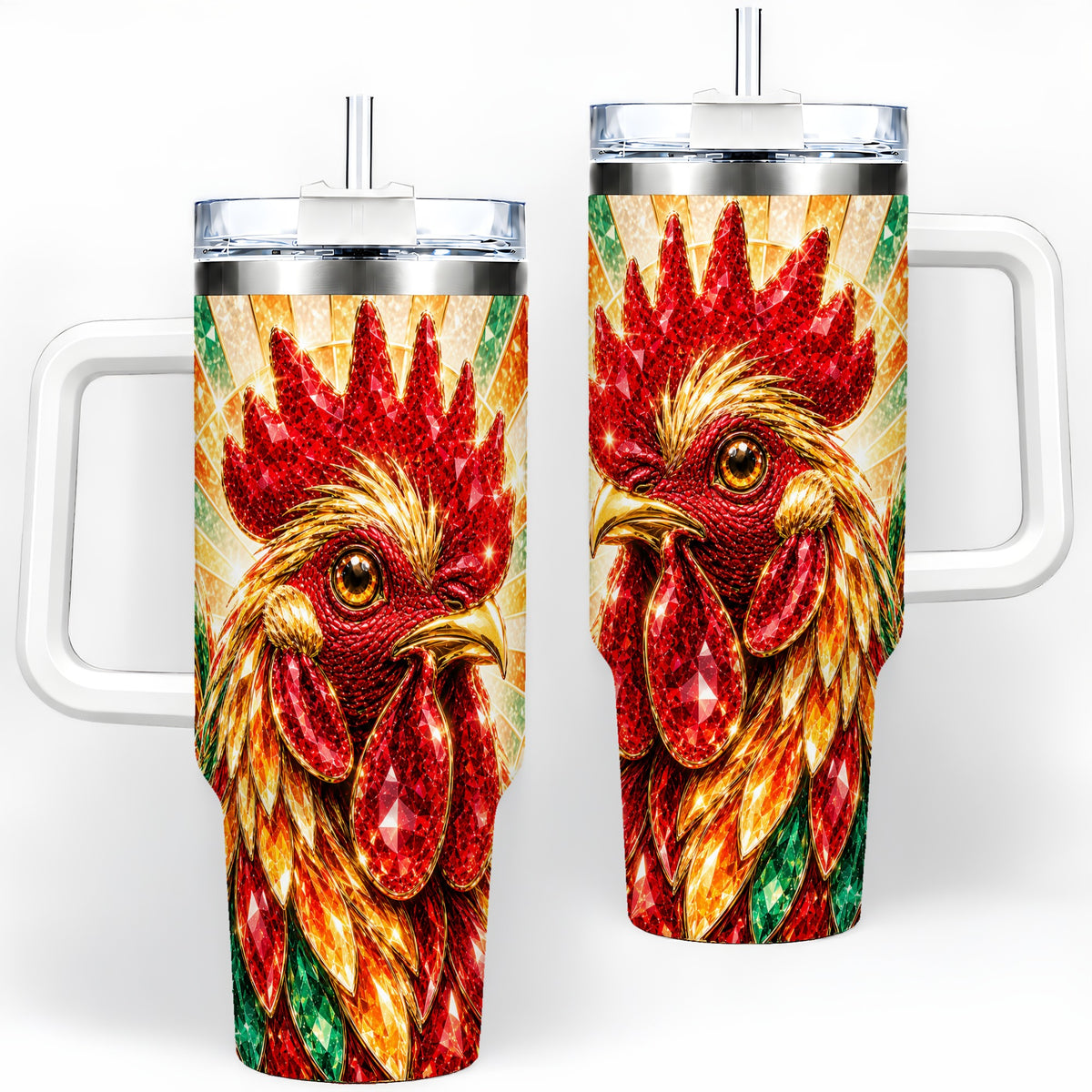 Colorful Faceted Rooster 40oz Tumbler, Large Drinkware for Farm Fans