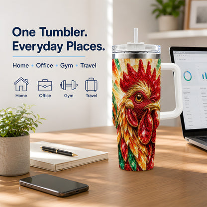 Colorful Faceted Rooster 40oz Tumbler, Large Drinkware for Farm Fans