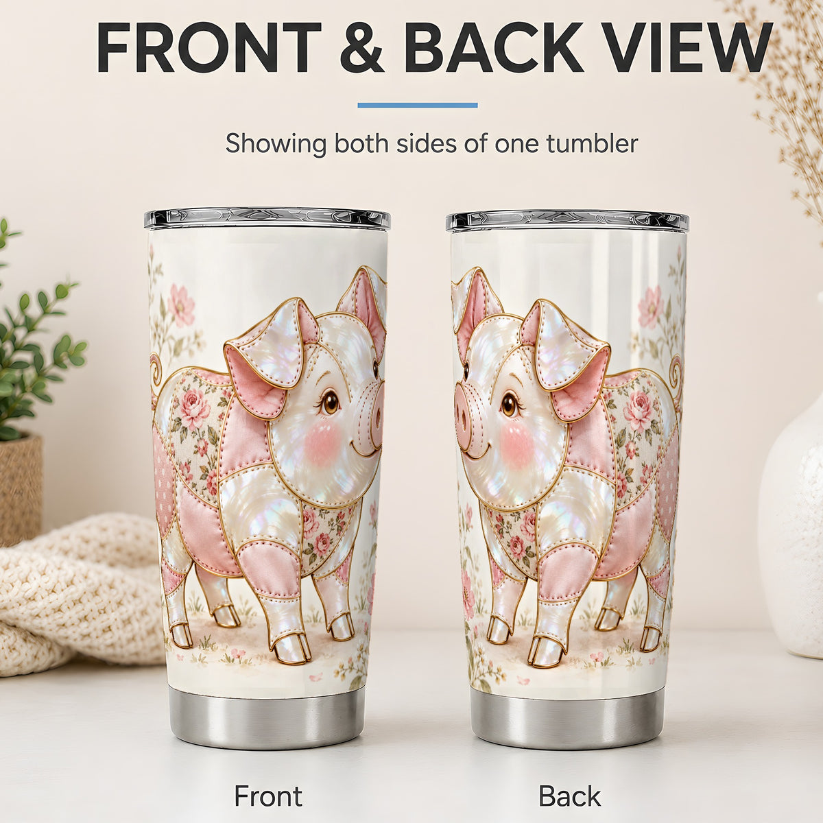 #pl[20oz|Steel] Floral Pig 20oz Tumbler, Pink Botanical Artwork for Pig Lovers