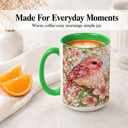#pl[15oz|Green] Pink Bird Blossom Ceramic Mug, Faceted Floral Artwork for Bird Lovers