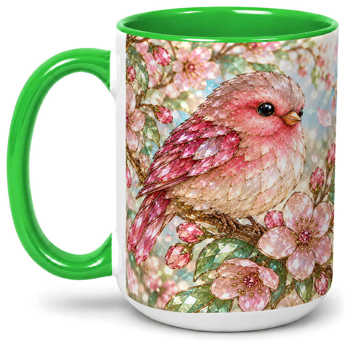 #pl[15oz|Green] Pink Bird Blossom Ceramic Mug, Faceted Floral Artwork for Bird Lovers