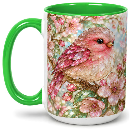 #pl[15oz|Green] Pink Bird Blossom Ceramic Mug, Faceted Floral Artwork for Bird Lovers