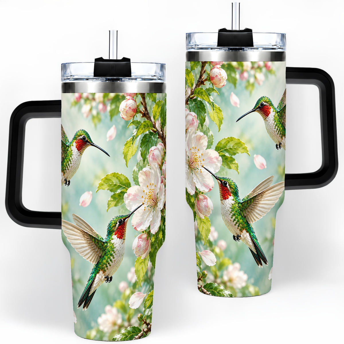 #pl[40oz|Black] Hummingbird Spring Blossom 40oz Tumbler, Large Drinkware for Bird Lovers