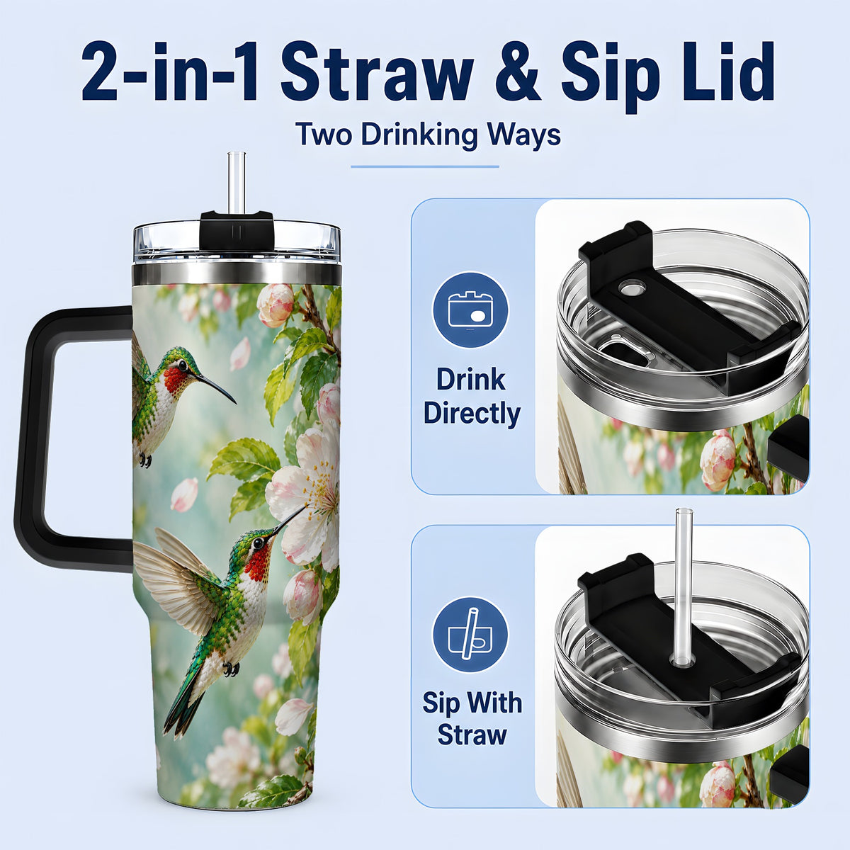#pl[40oz|Black] Hummingbird Spring Blossom 40oz Tumbler, Large Drinkware for Bird Lovers
