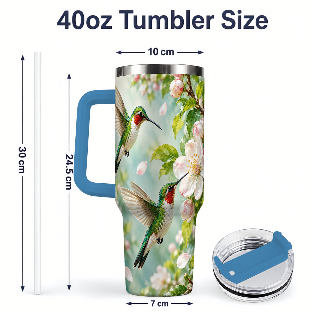 #pl[40oz|Blue] Hummingbird Spring Blossom 40oz Tumbler, Large Drinkware for Bird Lovers