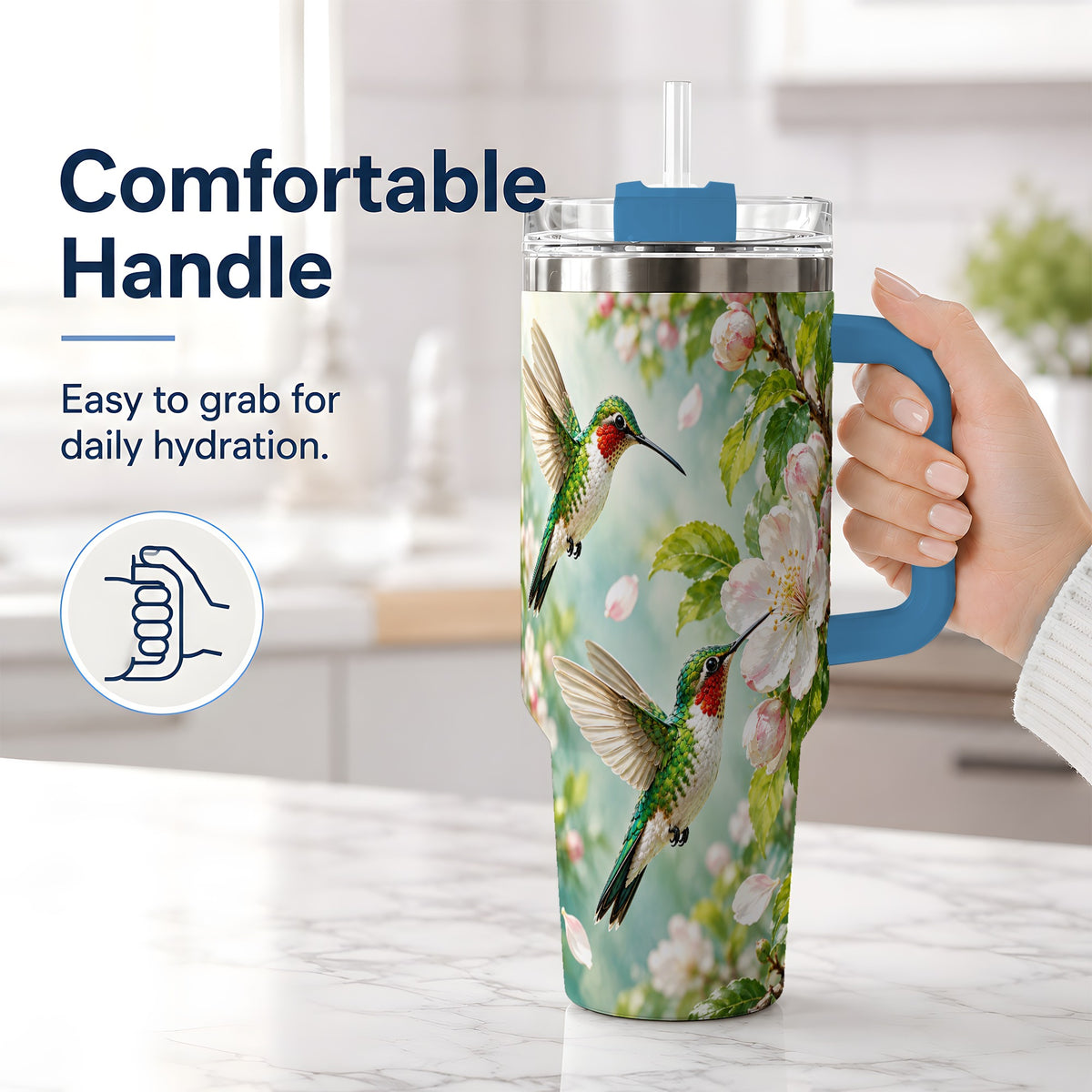 #pl[40oz|Blue] Hummingbird Spring Blossom 40oz Tumbler, Large Drinkware for Bird Lovers