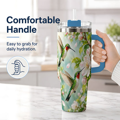 #pl[40oz|Blue] Hummingbird Spring Blossom 40oz Tumbler, Large Drinkware for Bird Lovers