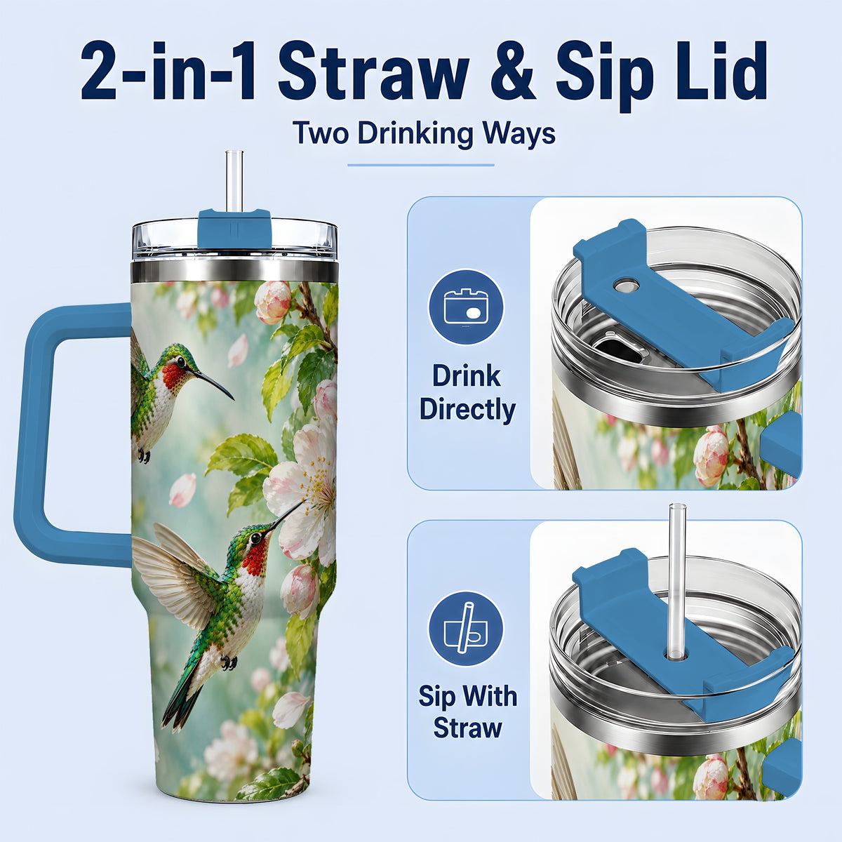#pl[40oz|Blue] Hummingbird Spring Blossom 40oz Tumbler, Large Drinkware for Bird Lovers