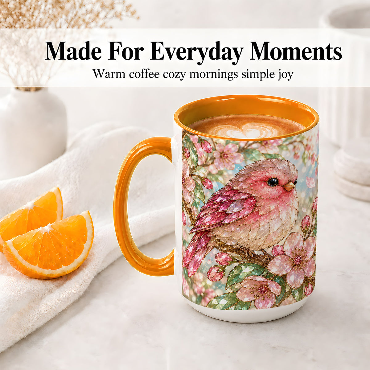 #pl[15oz|Orange] Pink Bird Blossom Ceramic Mug, Faceted Floral Artwork for Bird Lovers