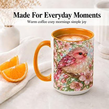 #pl[15oz|Orange] Pink Bird Blossom Ceramic Mug, Faceted Floral Artwork for Bird Lovers