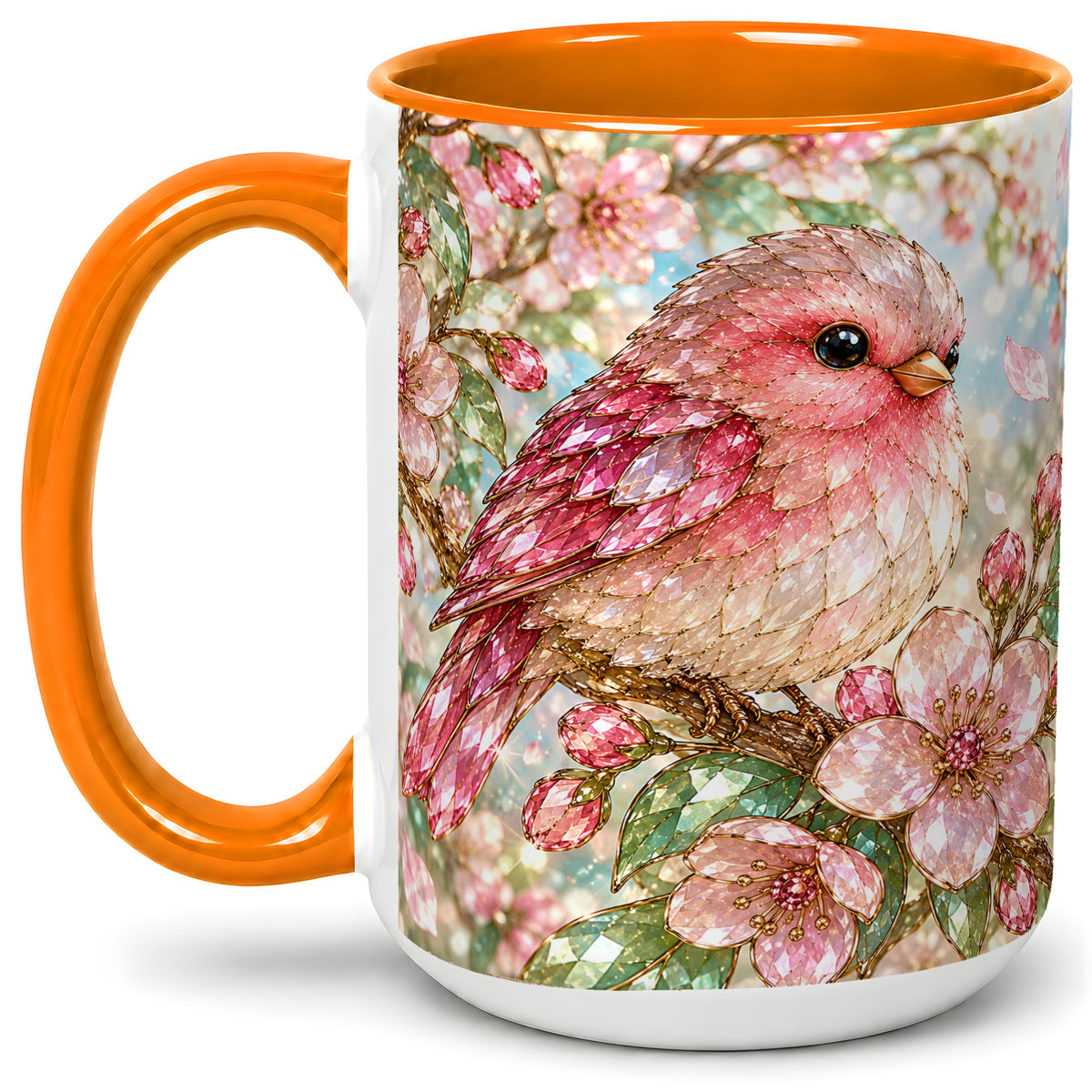 #pl[15oz|Orange] Pink Bird Blossom Ceramic Mug, Faceted Floral Artwork for Bird Lovers