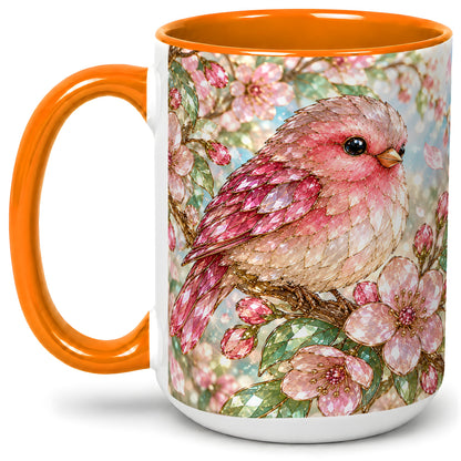 #pl[15oz|Orange] Pink Bird Blossom Ceramic Mug, Faceted Floral Artwork for Bird Lovers