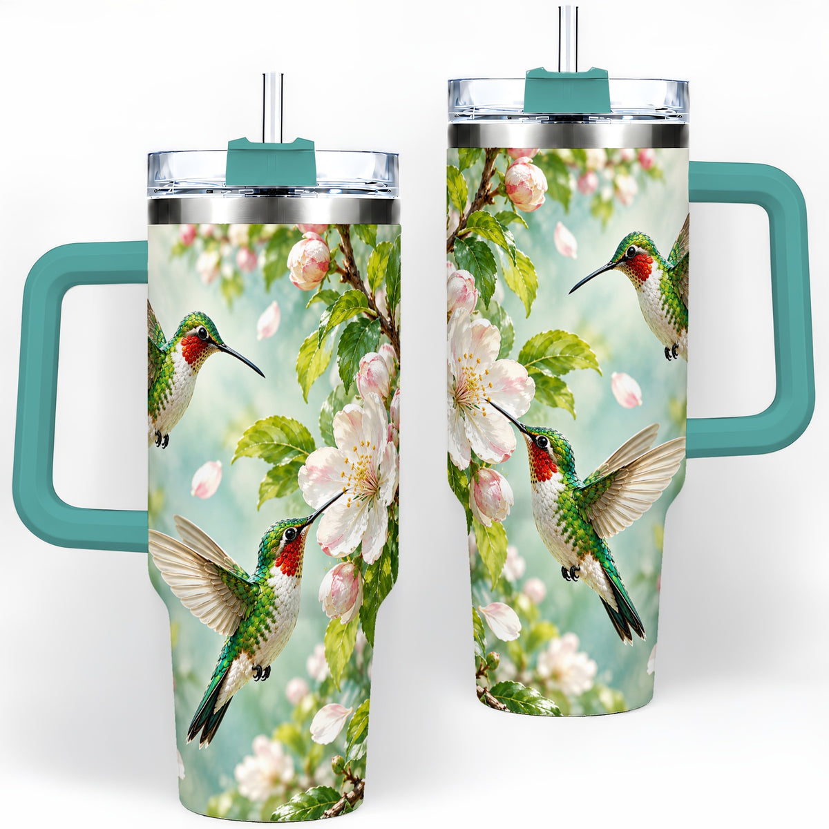 #pl[40oz|Green] Hummingbird Spring Blossom 40oz Tumbler, Large Drinkware for Bird Lovers