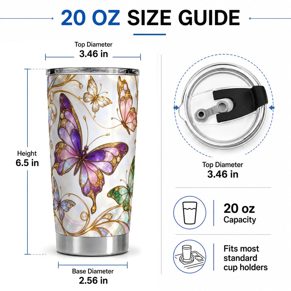 #pl[20oz|Steel] Butterfly Stained Glass Style 20oz Tumbler, Floral Artwork