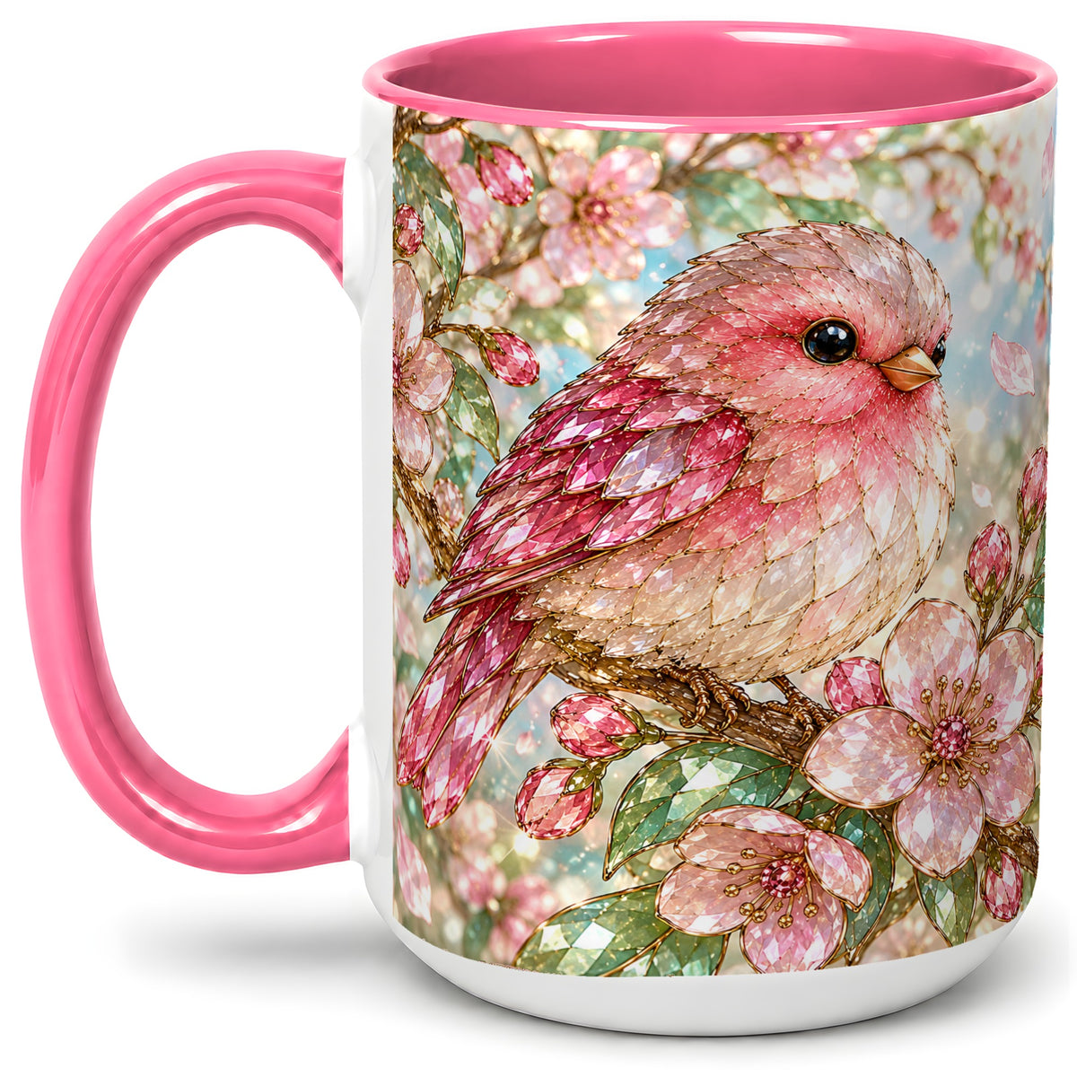 #pl[15oz|Pink] Pink Bird Blossom Ceramic Mug, Faceted Floral Artwork for Bird Lovers