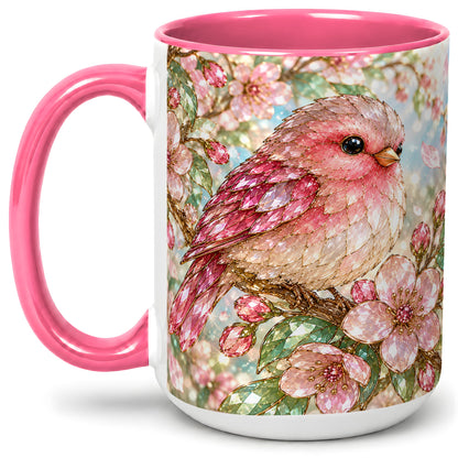 #pl[15oz|Pink] Pink Bird Blossom Ceramic Mug, Faceted Floral Artwork for Bird Lovers