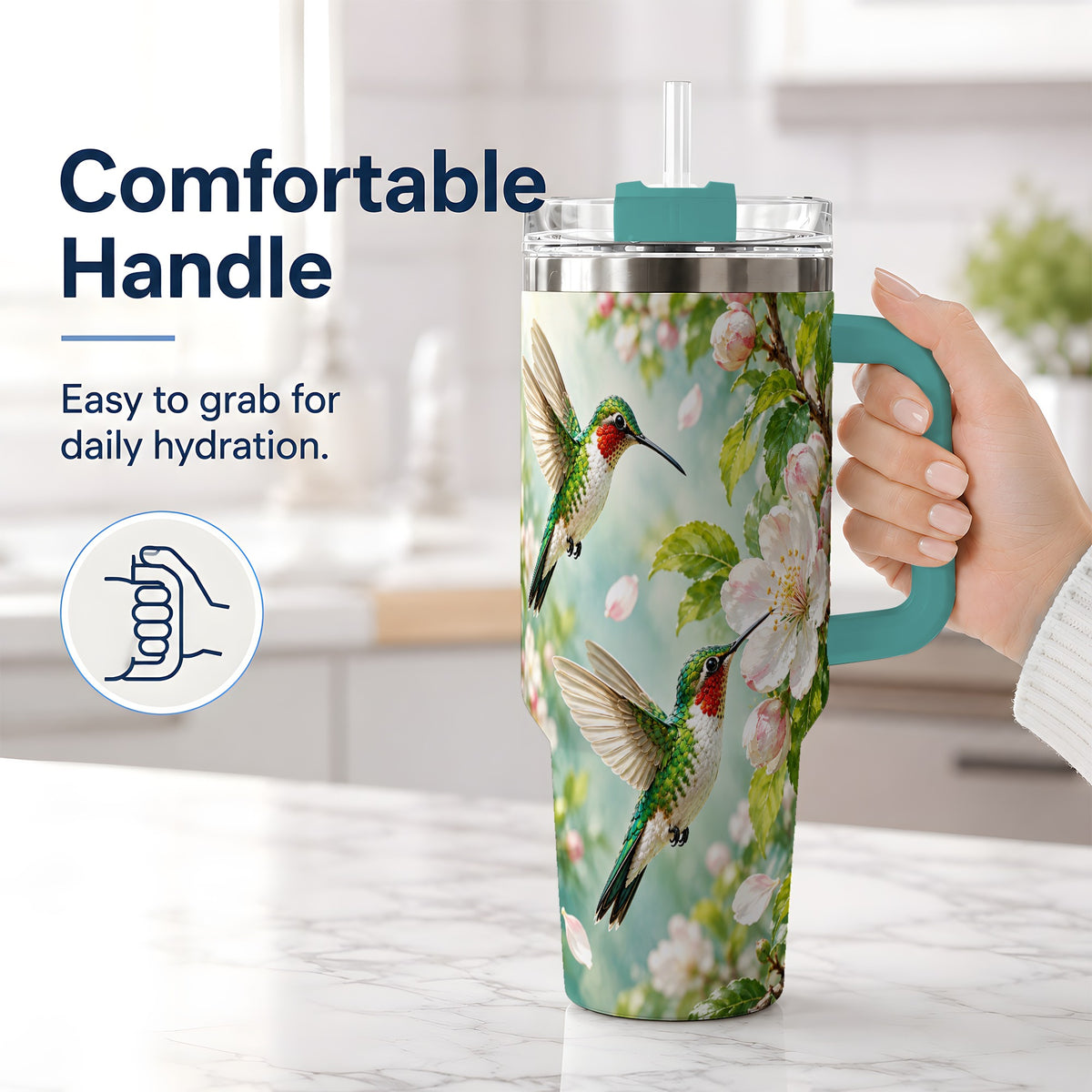 #pl[40oz|Green] Hummingbird Spring Blossom 40oz Tumbler, Large Drinkware for Bird Lovers