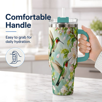 #pl[40oz|Green] Hummingbird Spring Blossom 40oz Tumbler, Large Drinkware for Bird Lovers