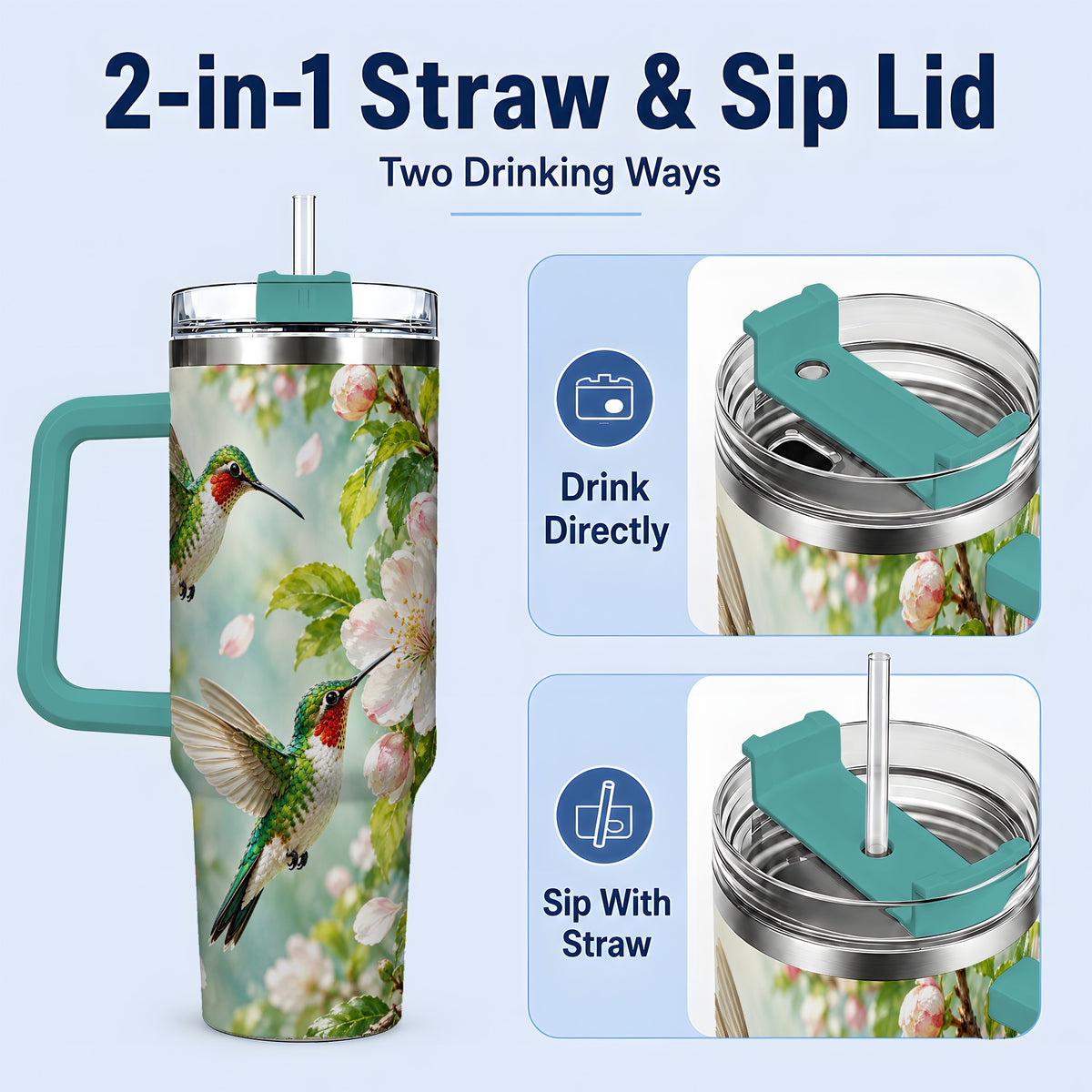 #pl[40oz|Green] Hummingbird Spring Blossom 40oz Tumbler, Large Drinkware for Bird Lovers