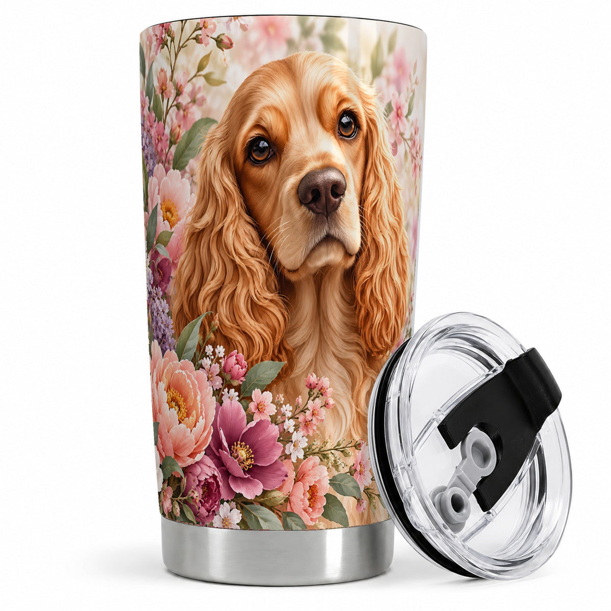 Floral Spaniel Dog 20oz Tumbler, Botanical Pet Artwork