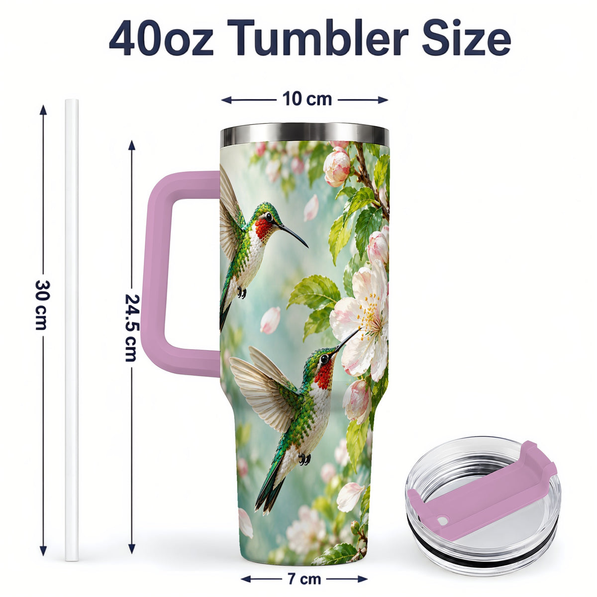 #pl[40oz|Pink] Hummingbird Spring Blossom 40oz Tumbler, Large Drinkware for Bird Lovers