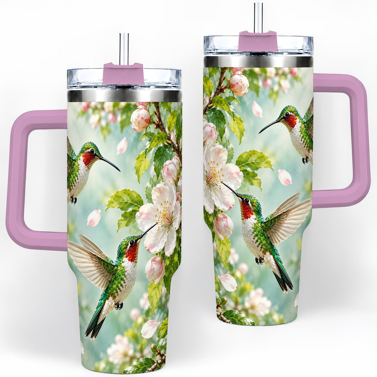 #pl[40oz|Pink] Hummingbird Spring Blossom 40oz Tumbler, Large Drinkware for Bird Lovers