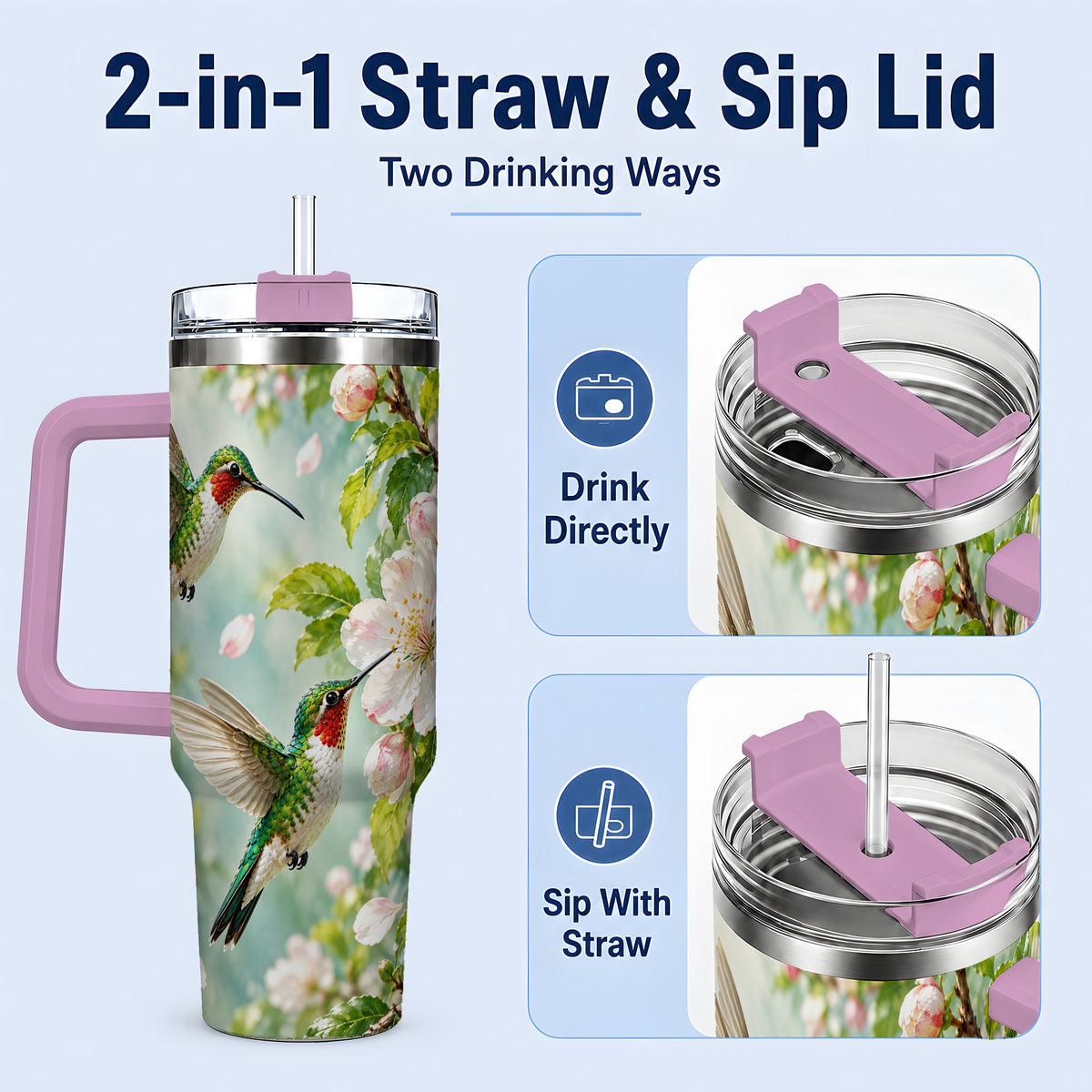 #pl[40oz|Pink] Hummingbird Spring Blossom 40oz Tumbler, Large Drinkware for Bird Lovers