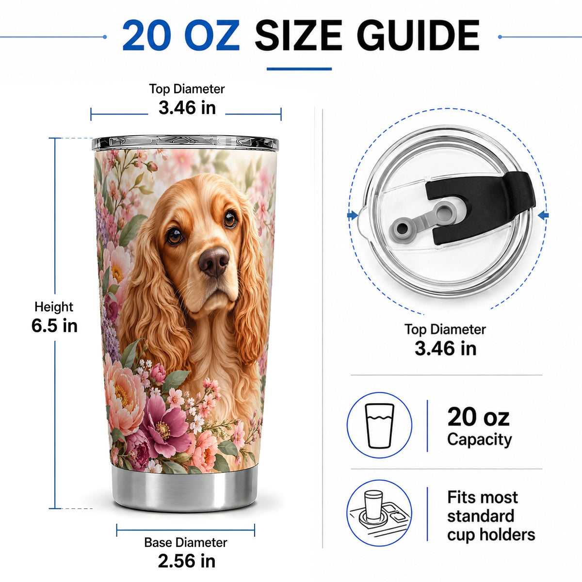 #pl[20oz|Steel] Floral Spaniel Dog 20oz Tumbler, Botanical Pet Artwork