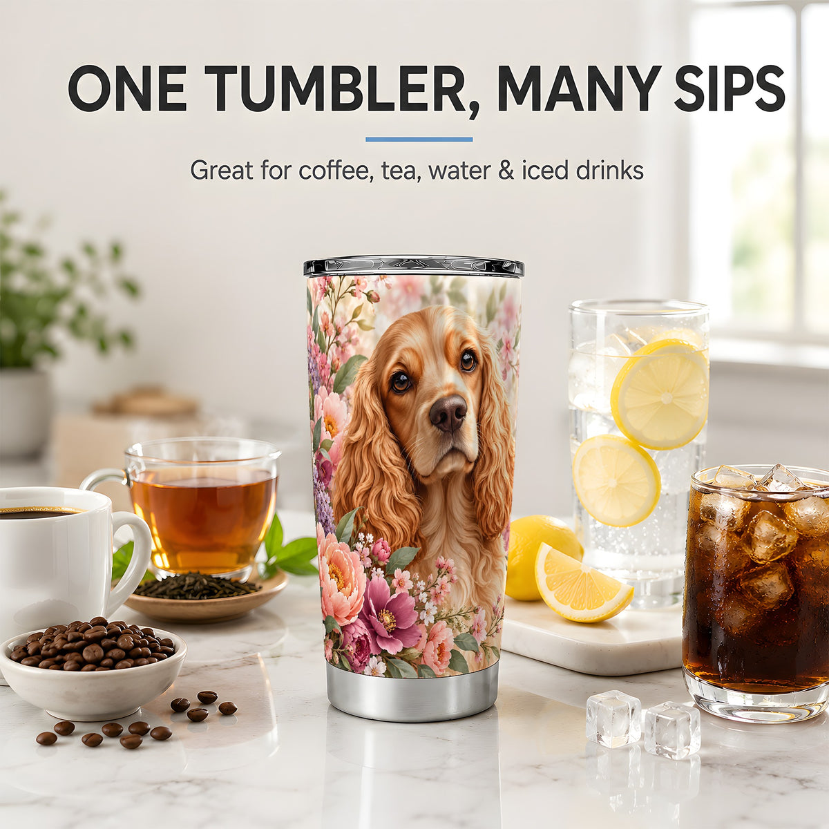 Floral Spaniel Dog 20oz Tumbler, Botanical Pet Artwork