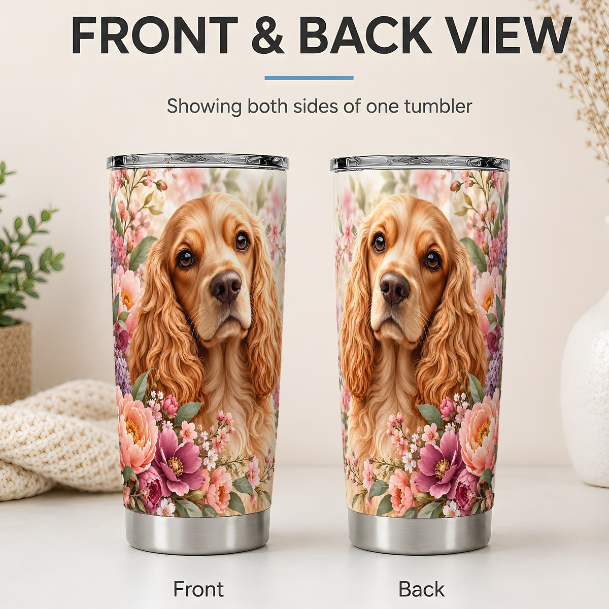 #pl[20oz|Steel] Floral Spaniel Dog 20oz Tumbler, Botanical Pet Artwork