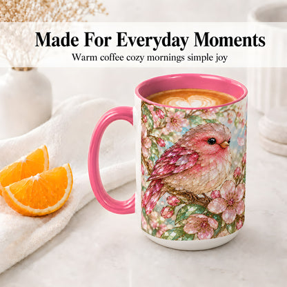 #pl[15oz|Pink] Pink Bird Blossom Ceramic Mug, Faceted Floral Artwork for Bird Lovers