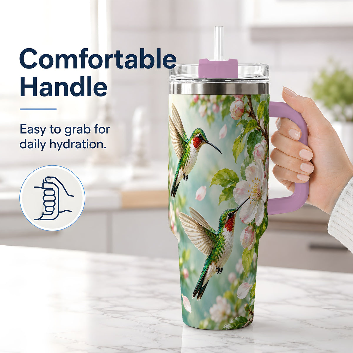 #pl[40oz|Pink] Hummingbird Spring Blossom 40oz Tumbler, Large Drinkware for Bird Lovers