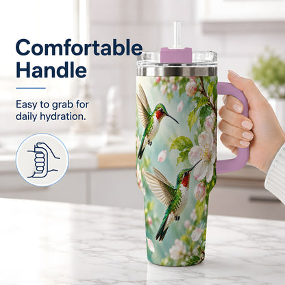 #pl[40oz|Pink] Hummingbird Spring Blossom 40oz Tumbler, Large Drinkware for Bird Lovers