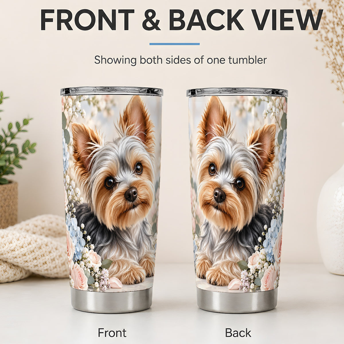 #pl[20oz|Steel] Yorkshire Terrier Floral 20oz Tumbler, Botanical Dog Artwork