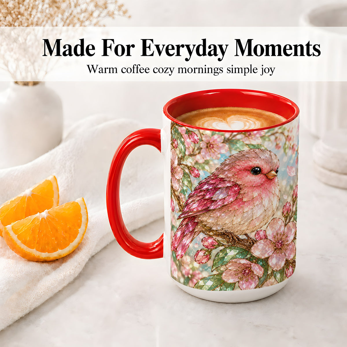 #pl[15oz|Red] Pink Bird Blossom Ceramic Mug, Faceted Floral Artwork for Bird Lovers