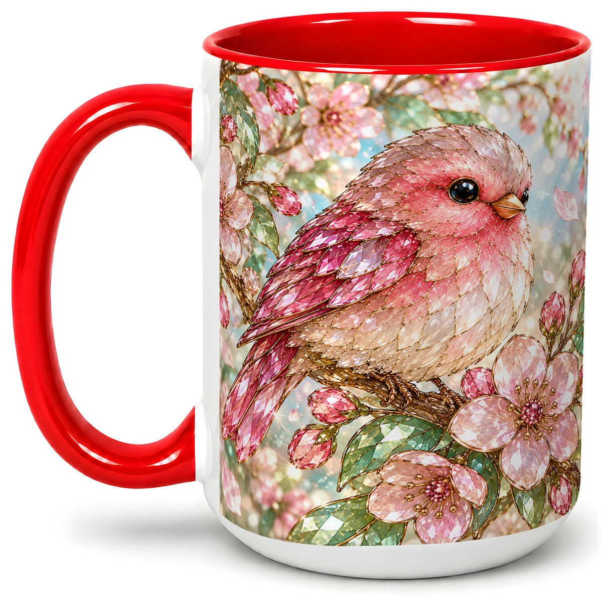 #pl[15oz|Red] Pink Bird Blossom Ceramic Mug, Faceted Floral Artwork for Bird Lovers