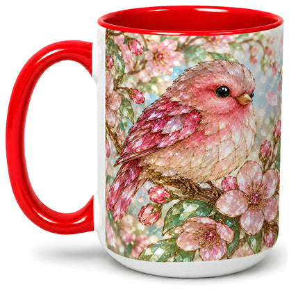 #pl[15oz|Red] Pink Bird Blossom Ceramic Mug, Faceted Floral Artwork for Bird Lovers