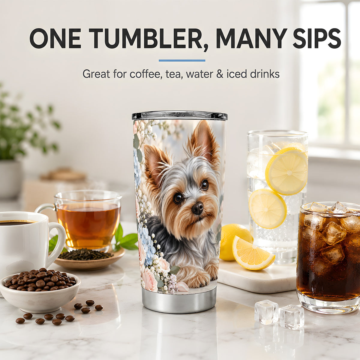 Yorkshire Terrier Floral 20oz Tumbler, Botanical Dog Artwork