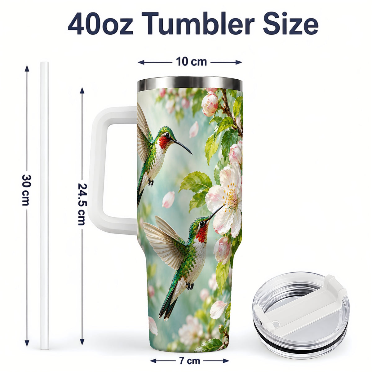 #pl[40oz|White] Hummingbird Spring Blossom 40oz Tumbler, Large Drinkware for Bird Lovers
