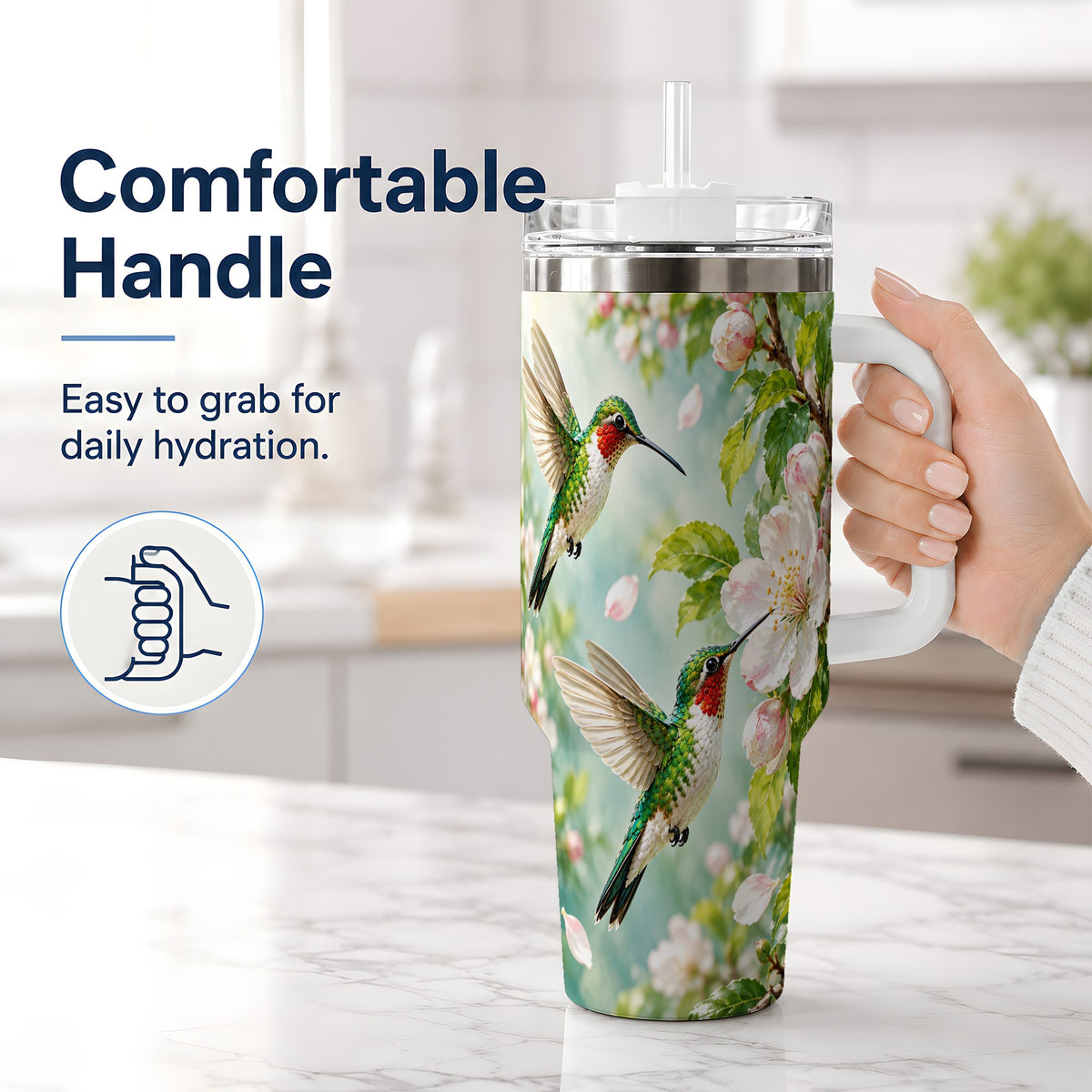 #pl[40oz|White] Hummingbird Spring Blossom 40oz Tumbler, Large Drinkware for Bird Lovers