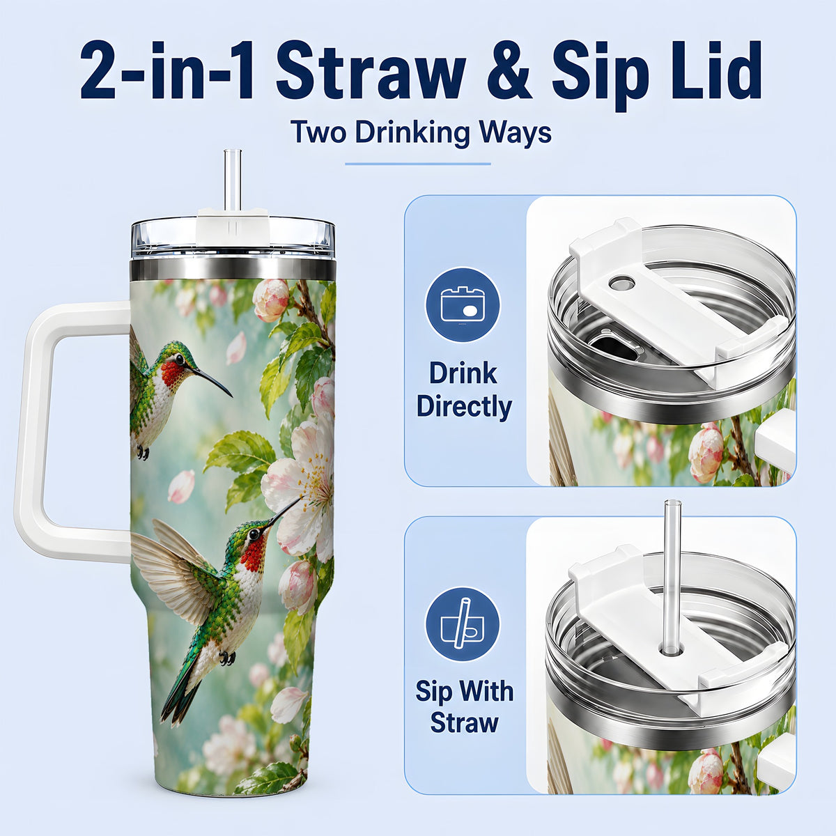 #pl[40oz|White] Hummingbird Spring Blossom 40oz Tumbler, Large Drinkware for Bird Lovers