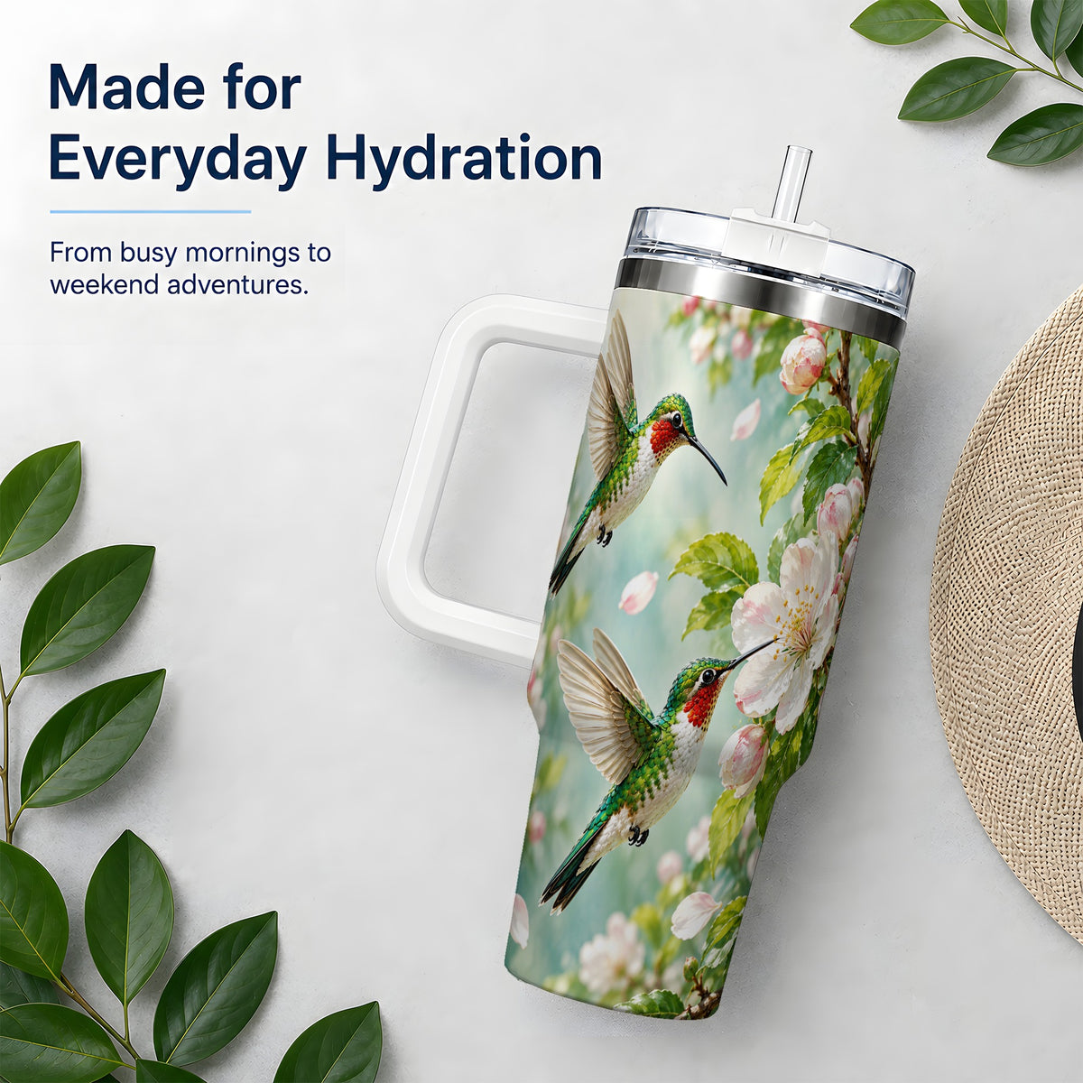 Hummingbird Spring Blossom 40oz Tumbler, Large Drinkware for Bird Lovers