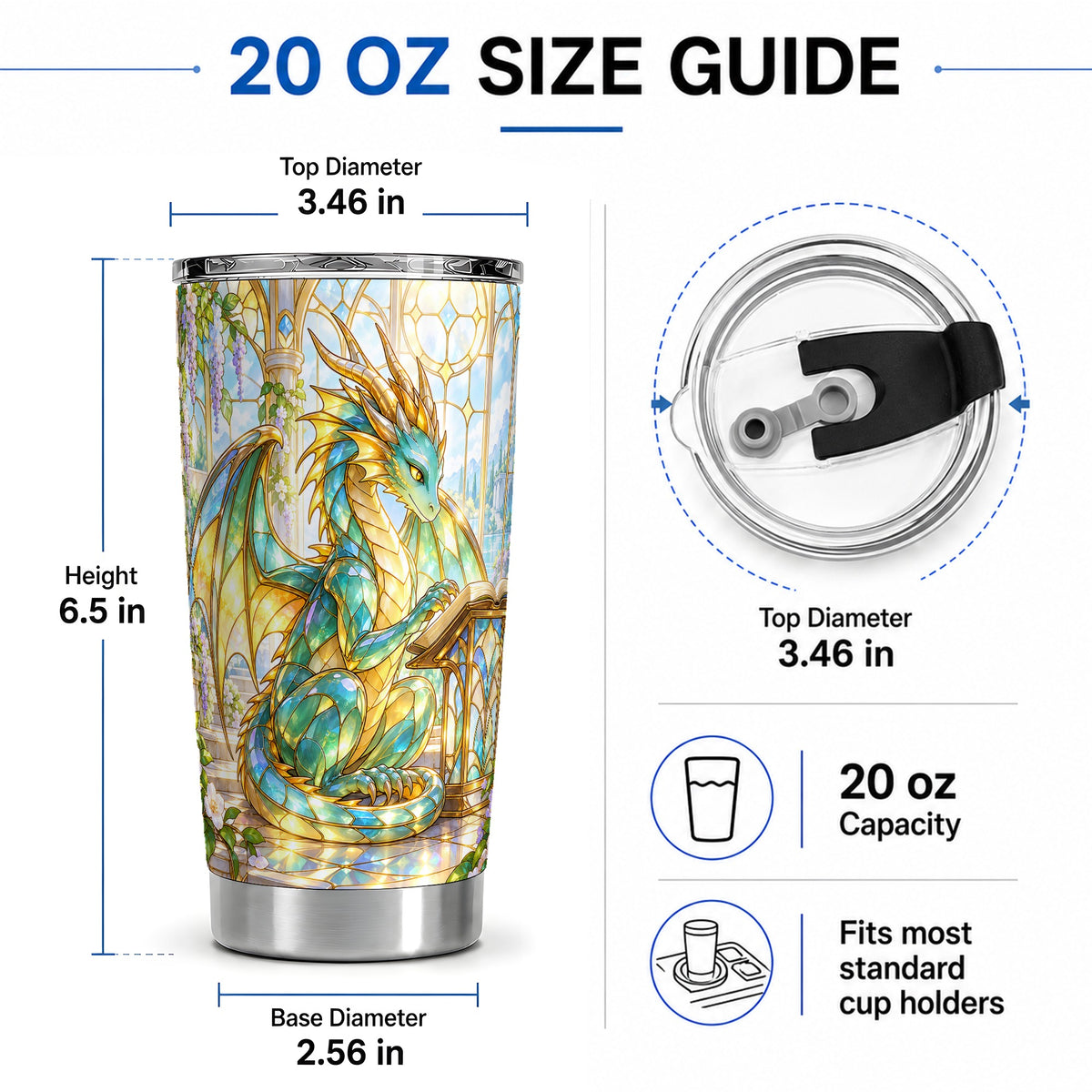 #pl[20oz|Steel] Stained Glass Style Dragon 20oz Tumbler, Stainless Steel Drinkware