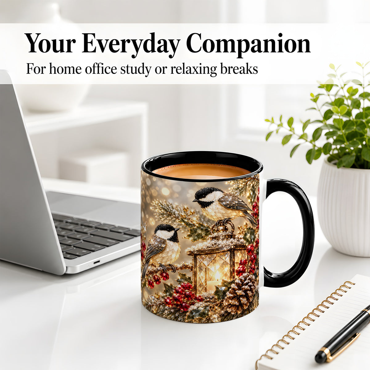 #pl[11oz|Black] Winter Chickadee Ceramic Mug, Lantern and Red Berry Artwork